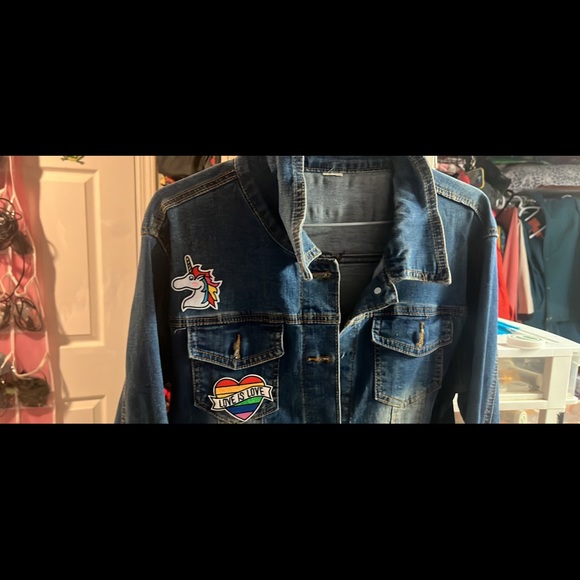 Pride blue denim / jean Spring jacket women’s XL rainbow necklace $6.99 shipping - Picture 2 of 8